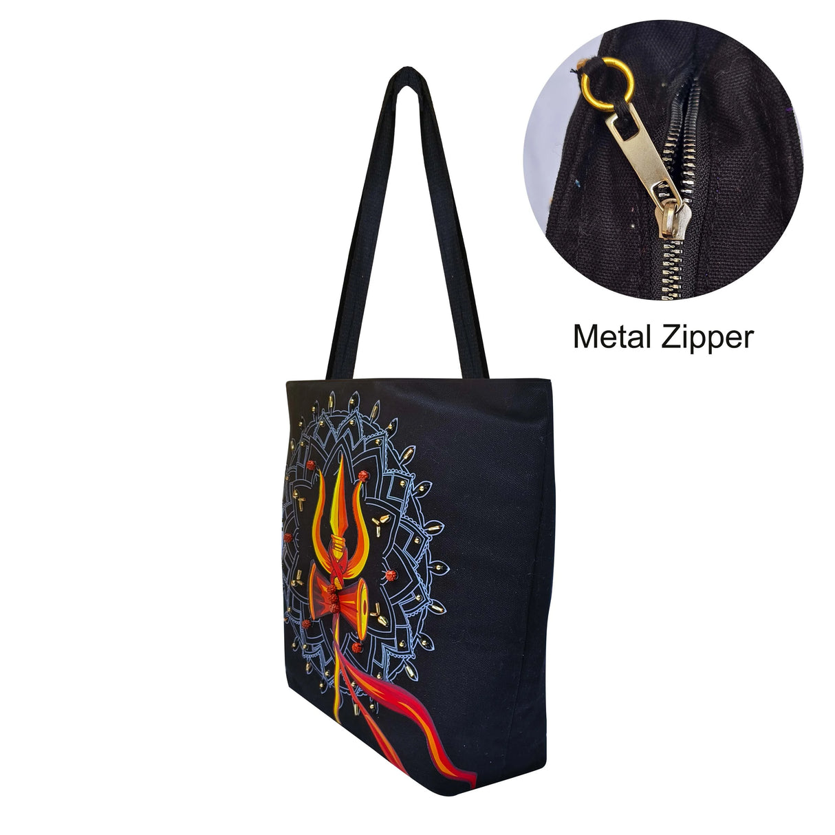 The Purani Jeans Damru Trishul Black Bag | Handmade Denim Spiritual Shoulder Bag