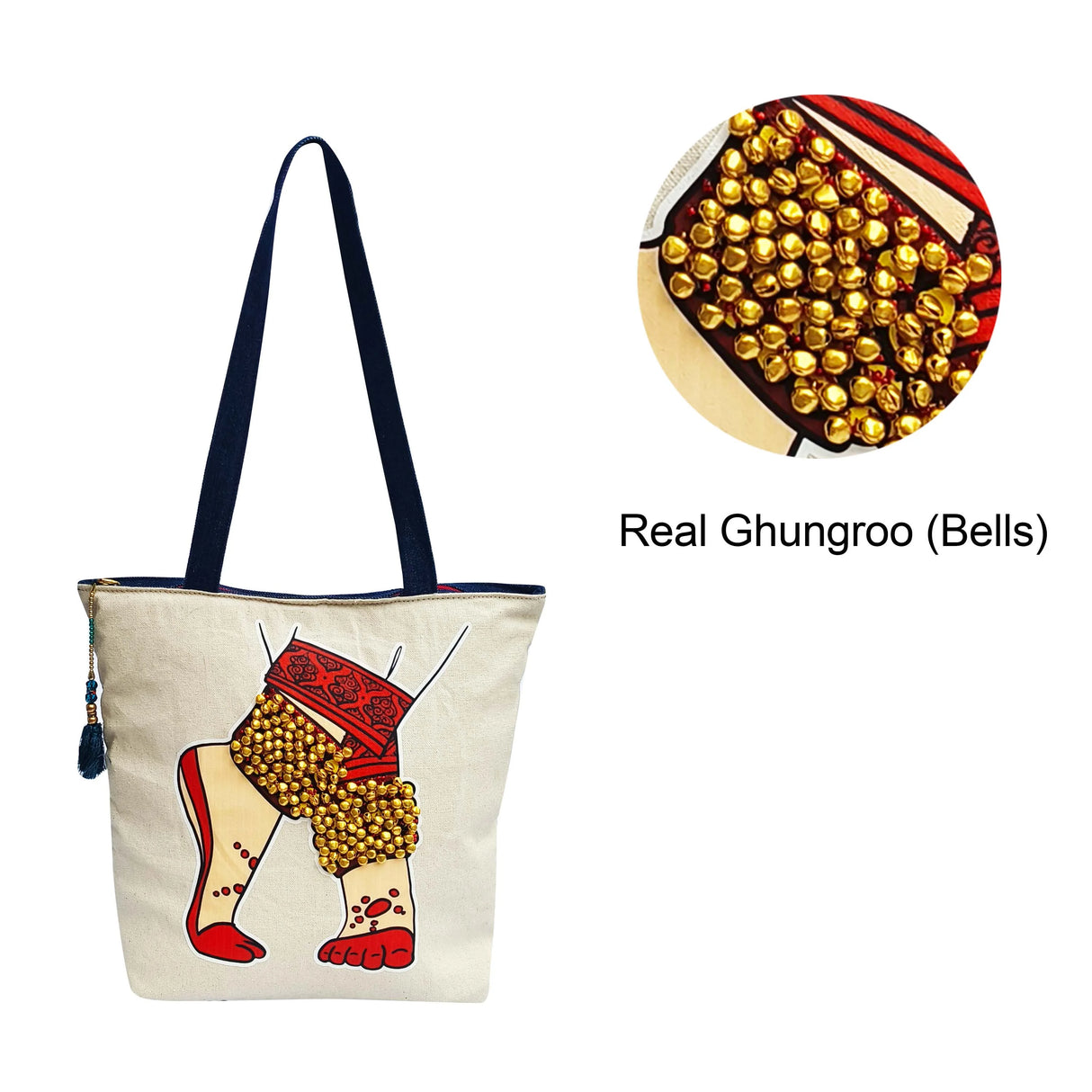 The Purani Jeans Dance Bag Off-White with Ghungroo | Handmade Denim Ethnic Shoulder Bag