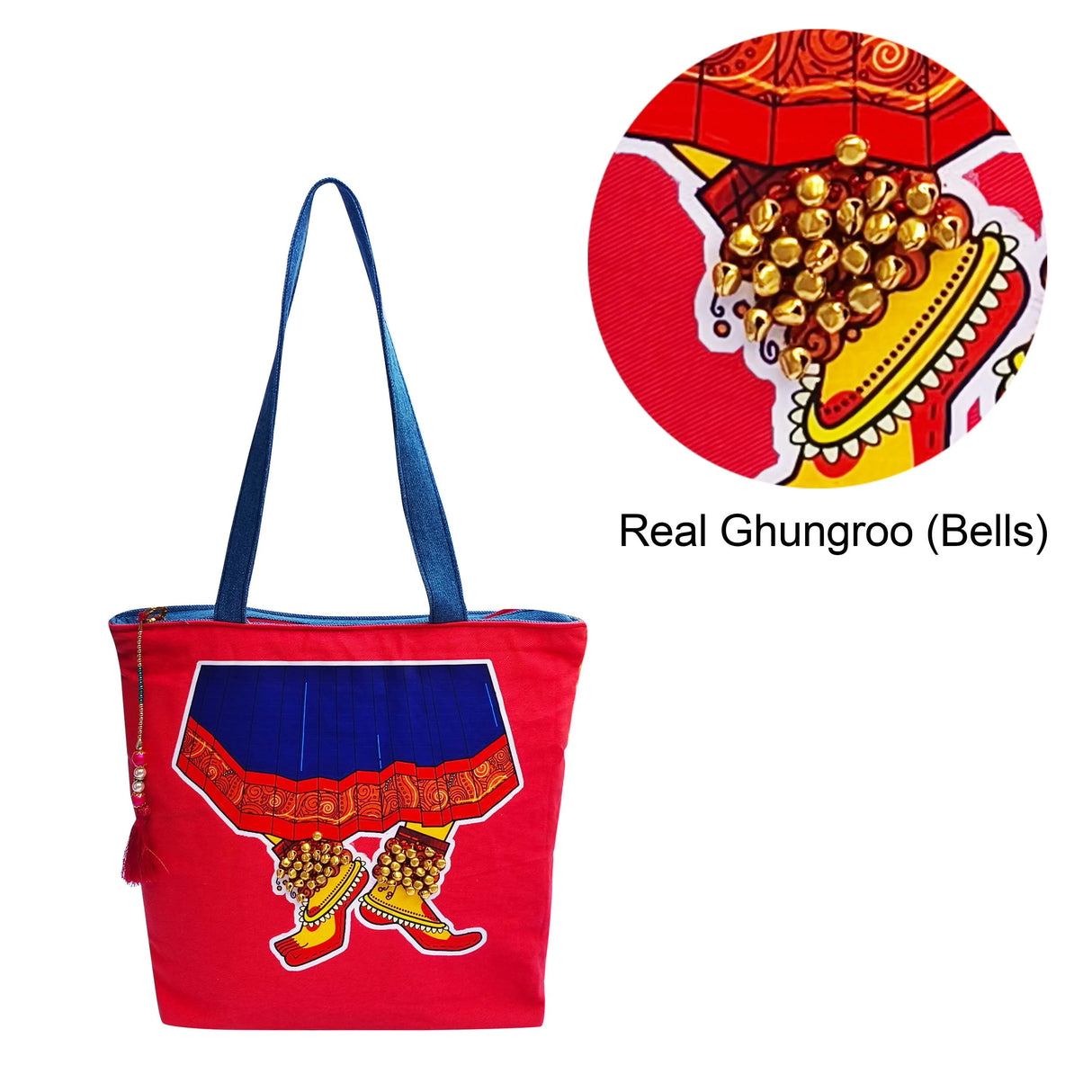 The Purani Jeans Dance Bag Red with Ghungroo | Handmade Denim Ethnic Shoulder Bag