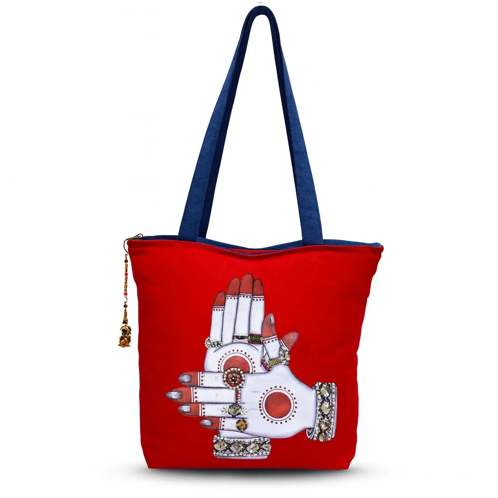 The Purani Jeans Dance of the Hands Tote Bag Red | Handmade Artistic Denim Carry Bag
