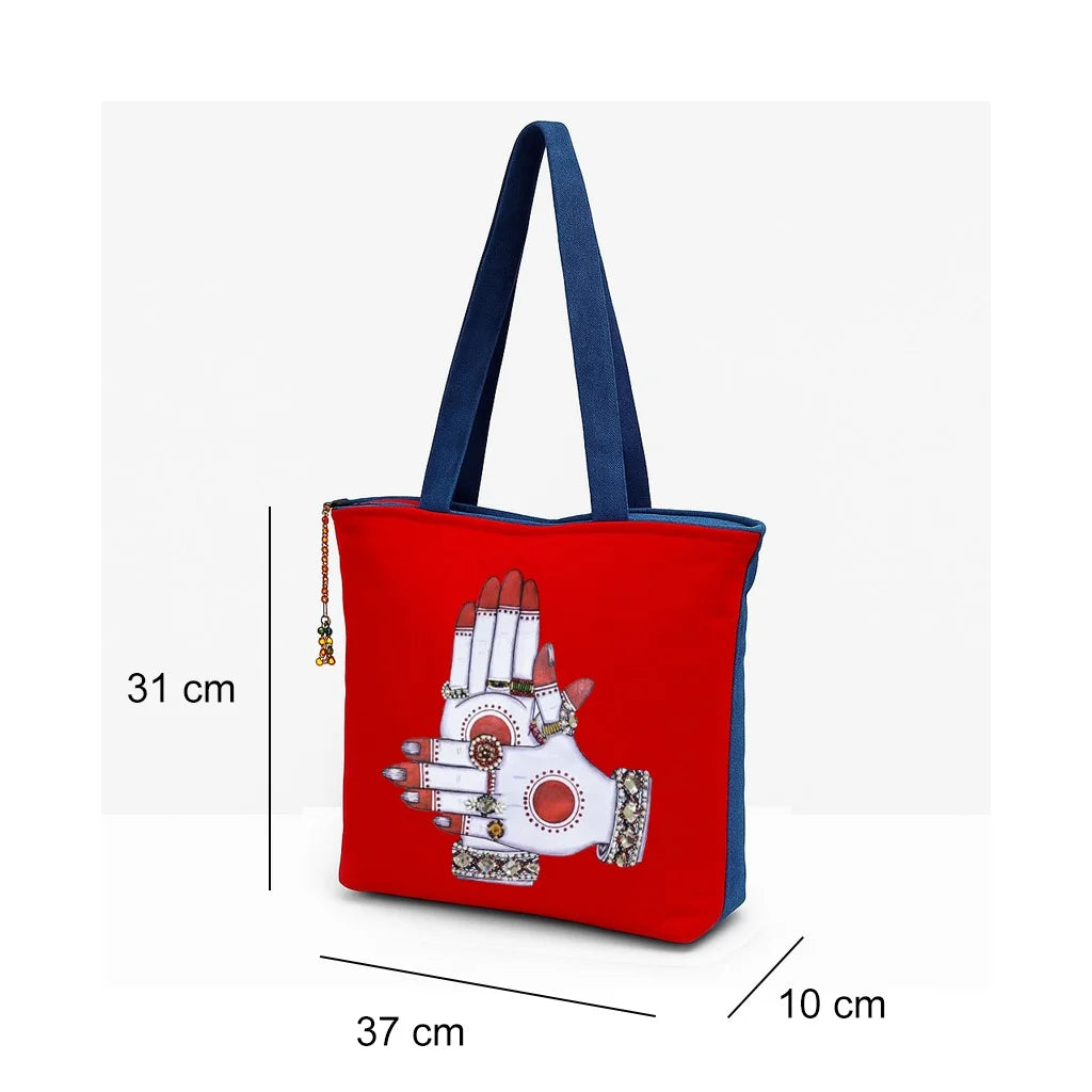 The Purani Jeans Dance of the Hands Tote Bag Red | Handmade Artistic Denim Carry Bag