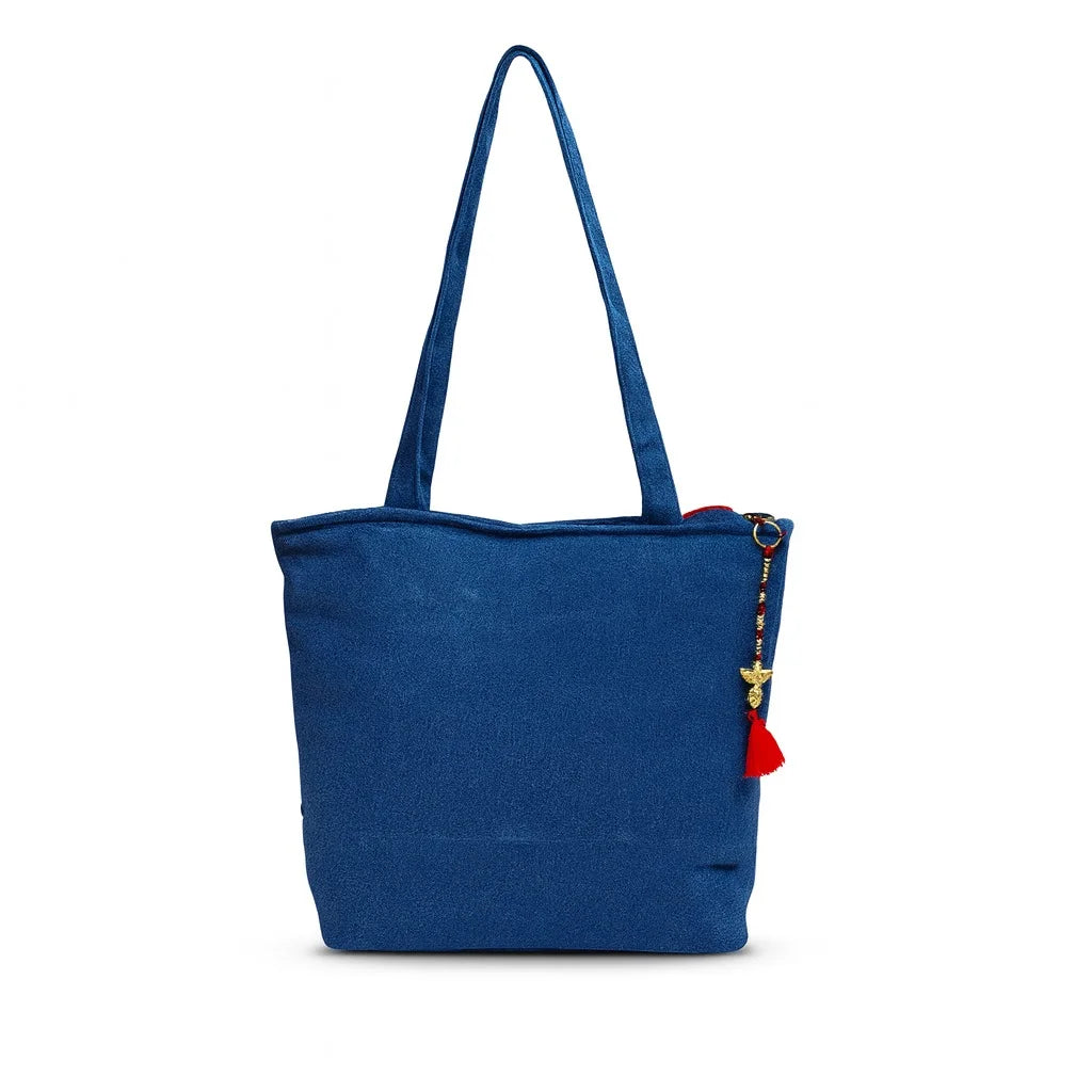 The Purani Jeans Dance of the Hands Tote Bag Red | Handmade Artistic Denim Carry Bag