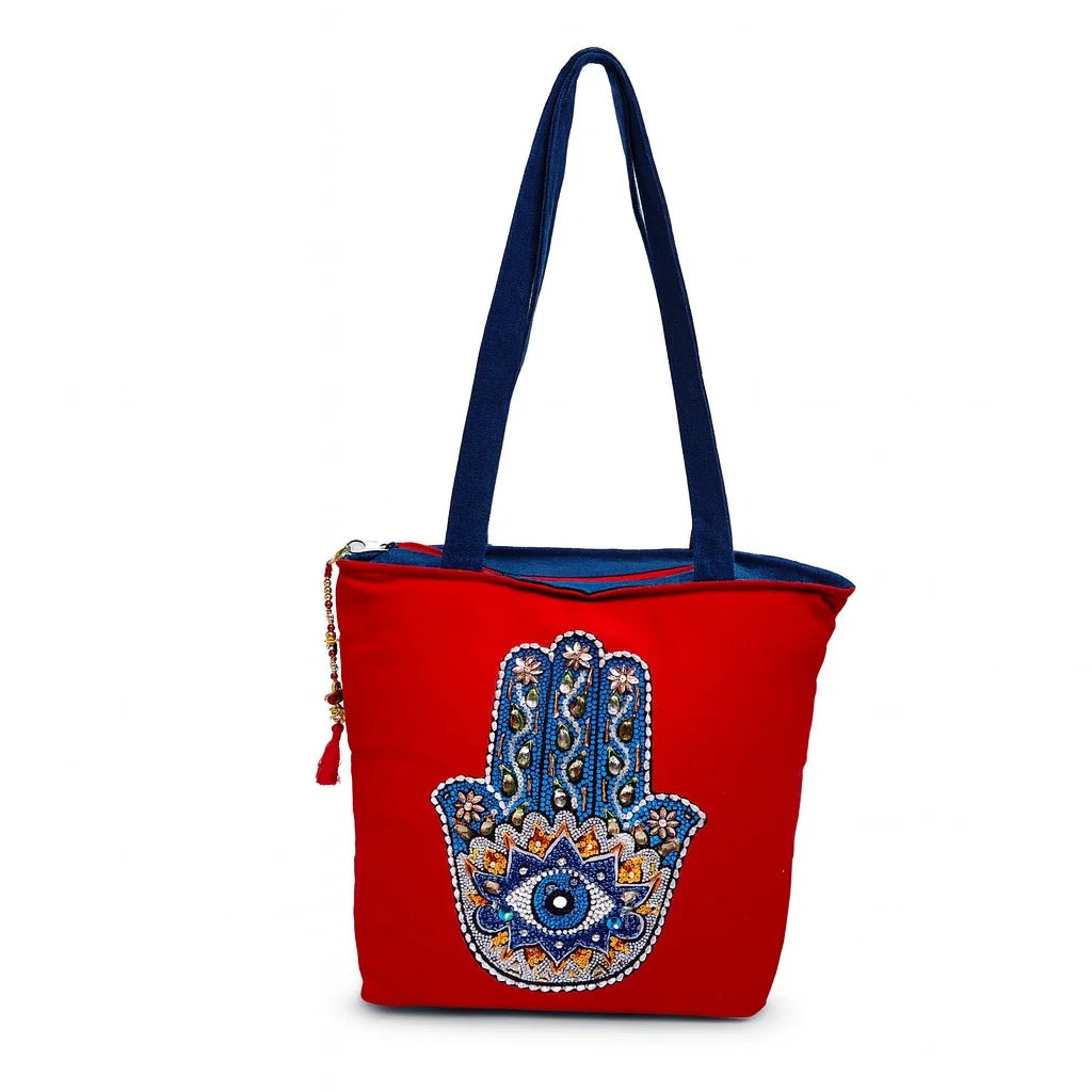 The Purani Jeans Evil Eye Shield Tote Bag | Red Denim Handmade Carry Bag