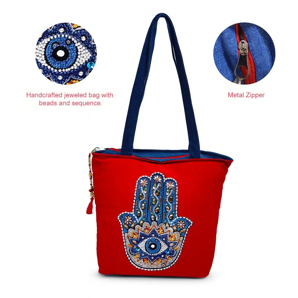 The Purani Jeans Evil Eye Shield Tote Bag | Red Denim Handmade Carry Bag