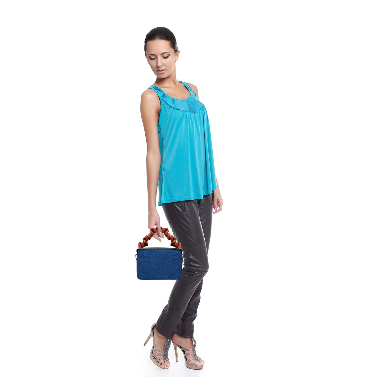 The Purani Jeans Leather Handle Small Purse | Blue Denim Handmade Fashion Bag