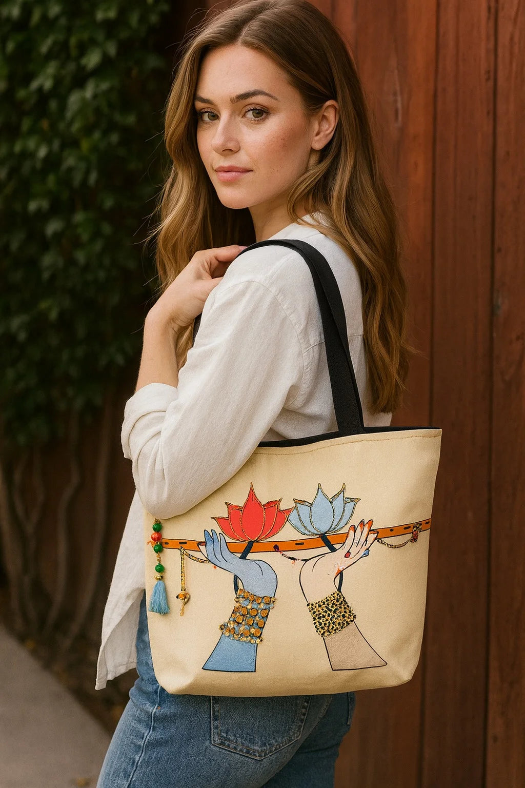 The Purani Jeans Radha Krishna Flute Tote Bag | Off-White Denim Handmade Artistic Carry Bag