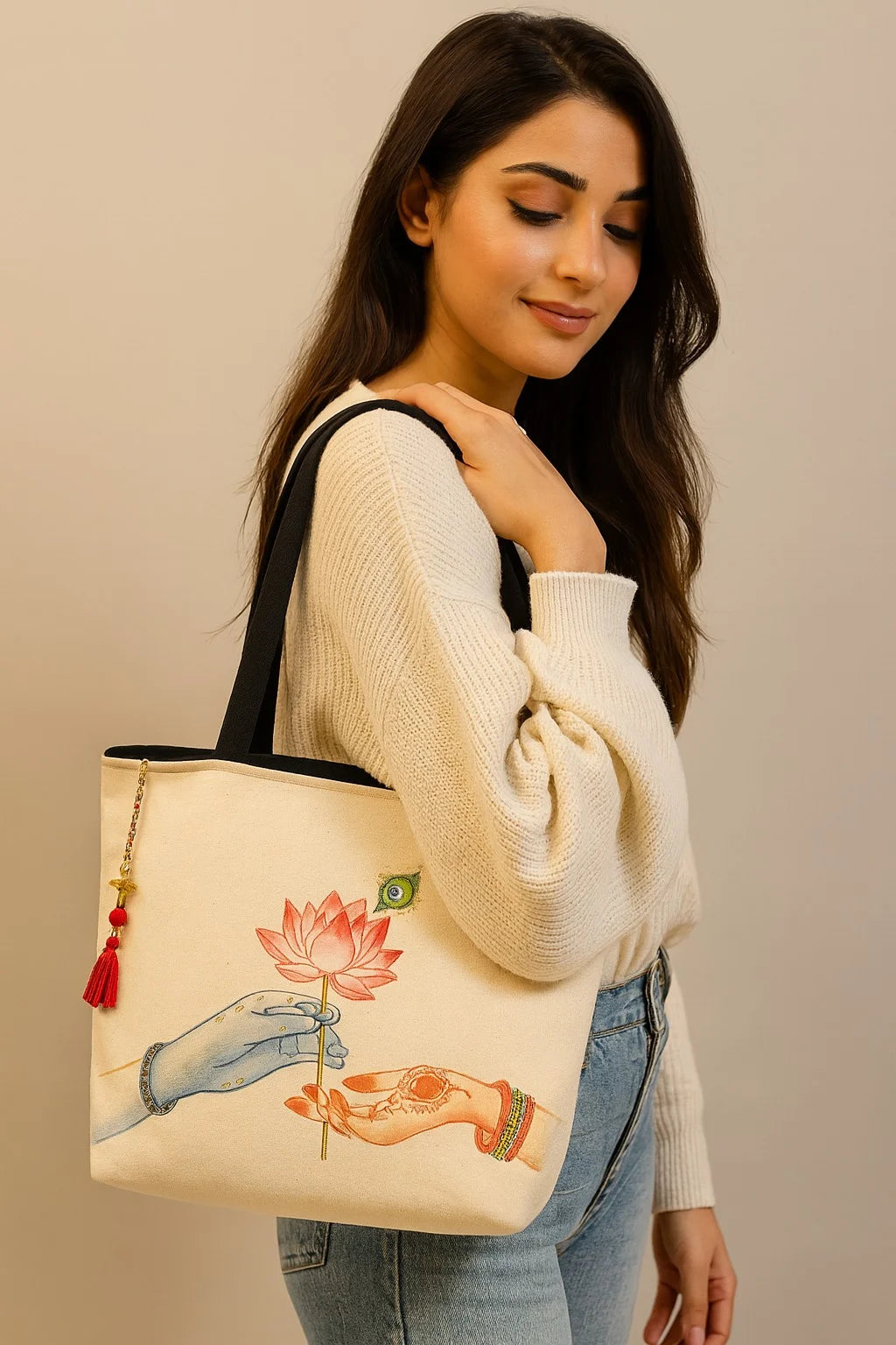 The Purani Jeans Radha Krishna Lotus Tote Bag | Off-White Denim Handmade Artistic Carry Bag