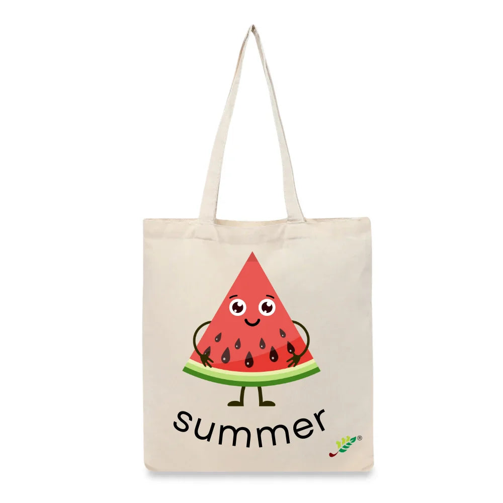 BYFT Happy Watermelon Slice Tote Bag – “Summer” Kawaii Fruit Character Reusable Tote | Eco-Friendly Daily Carry Bag (Set of 1)