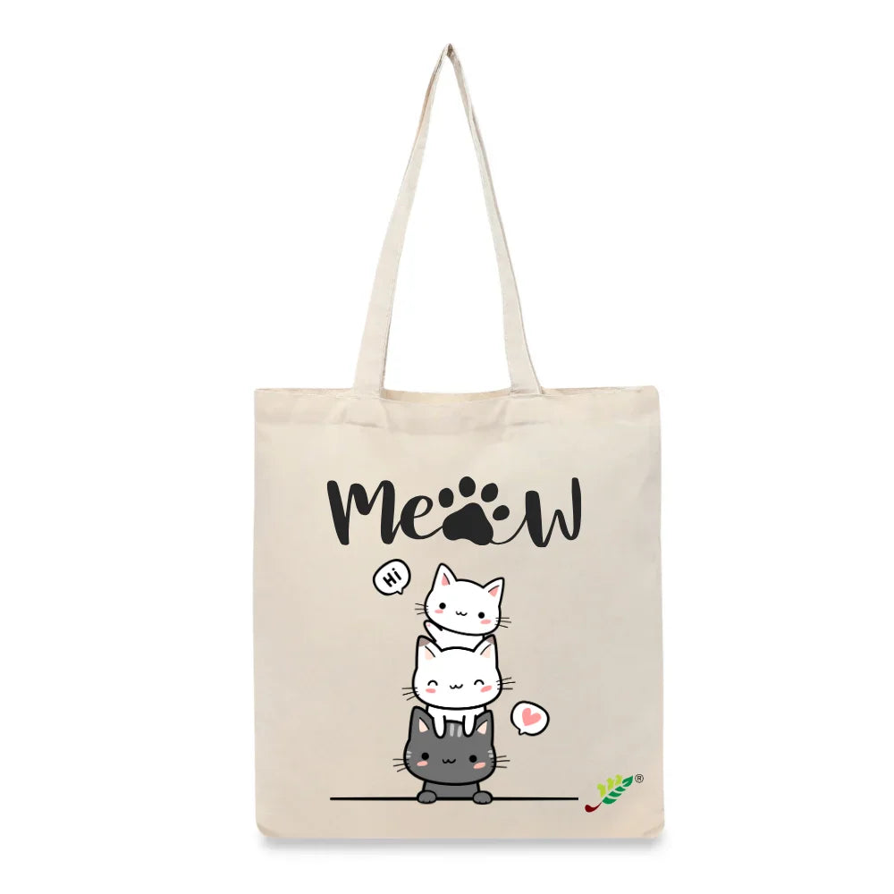BYFT Cute Stacked Cats Tote Bag – “Hi Meow” Kitten Reusable Tote | Eco-Friendly Daily Carry Bag (Set of 1)