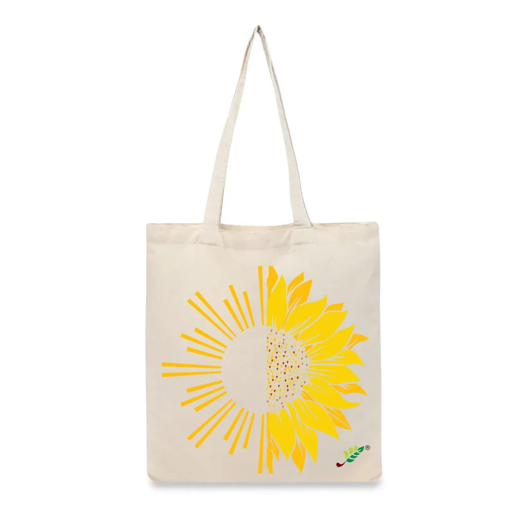 BYFT Artistic Sunflower Tote Bag – Dual-Nature Sun & Sunflower Printed Reusable Tote | Eco-Friendly Daily Carry Bag (Set of 1)