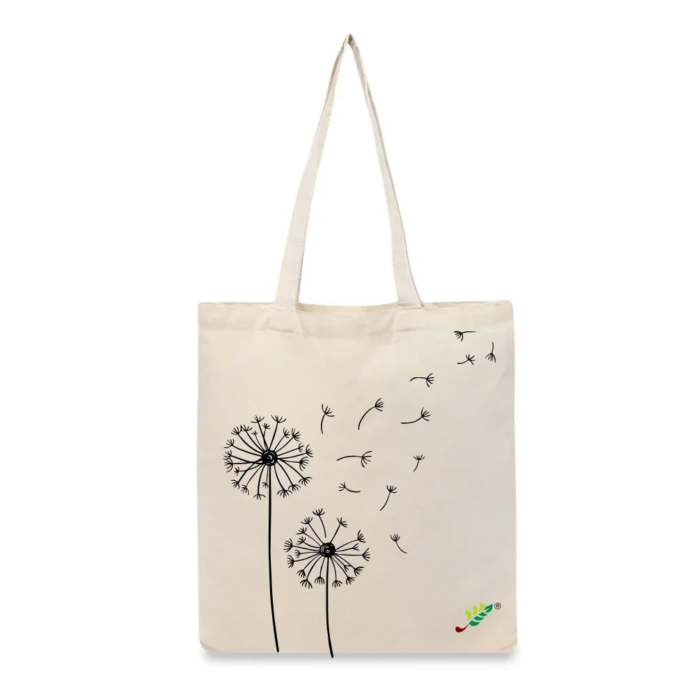 BYFT Aesthetic Nature Line Art Tote Bag – Dandelion Printed Reusable Tote | Eco-Friendly Daily Carry Bag (Set of 1)