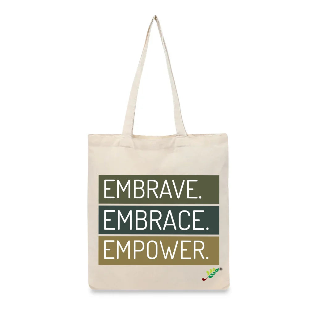 BYFT Inspirational Typography Tote Bag – “Embrave. Embrace. Empower.” Printed Reusable Tote | Eco-Friendly Daily Carry Bag (Set of 1)