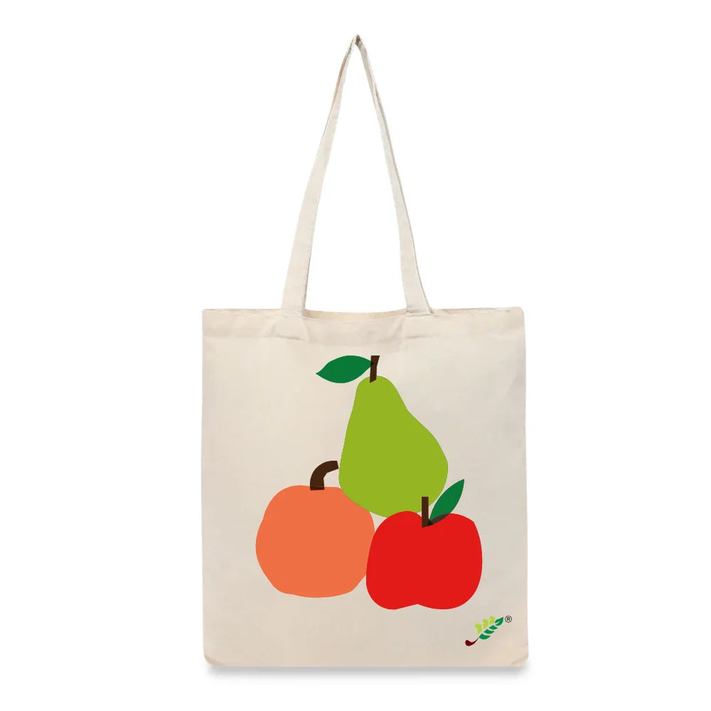 BYFT Vibrant Fruit Stack Tote Bag – Artistic Apple, Pear & Peach Printed Reusable Tote | Eco-Friendly Daily Carry Bag (Set of 1)