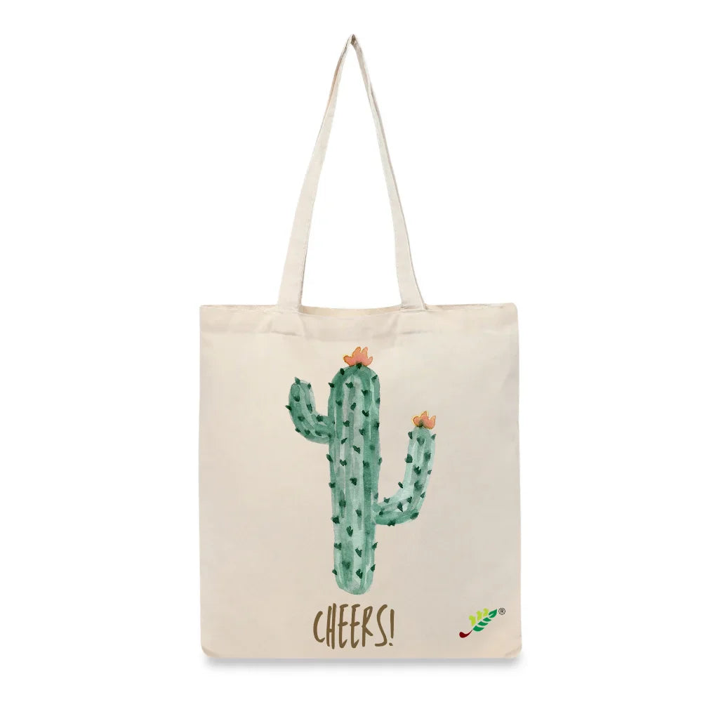 BYFT Aesthetic Desert Tote Bag – “Cactus Cheers!” Bloom Printed Reusable Tote | Eco-Friendly Everyday Carry Bag (Set of 1)