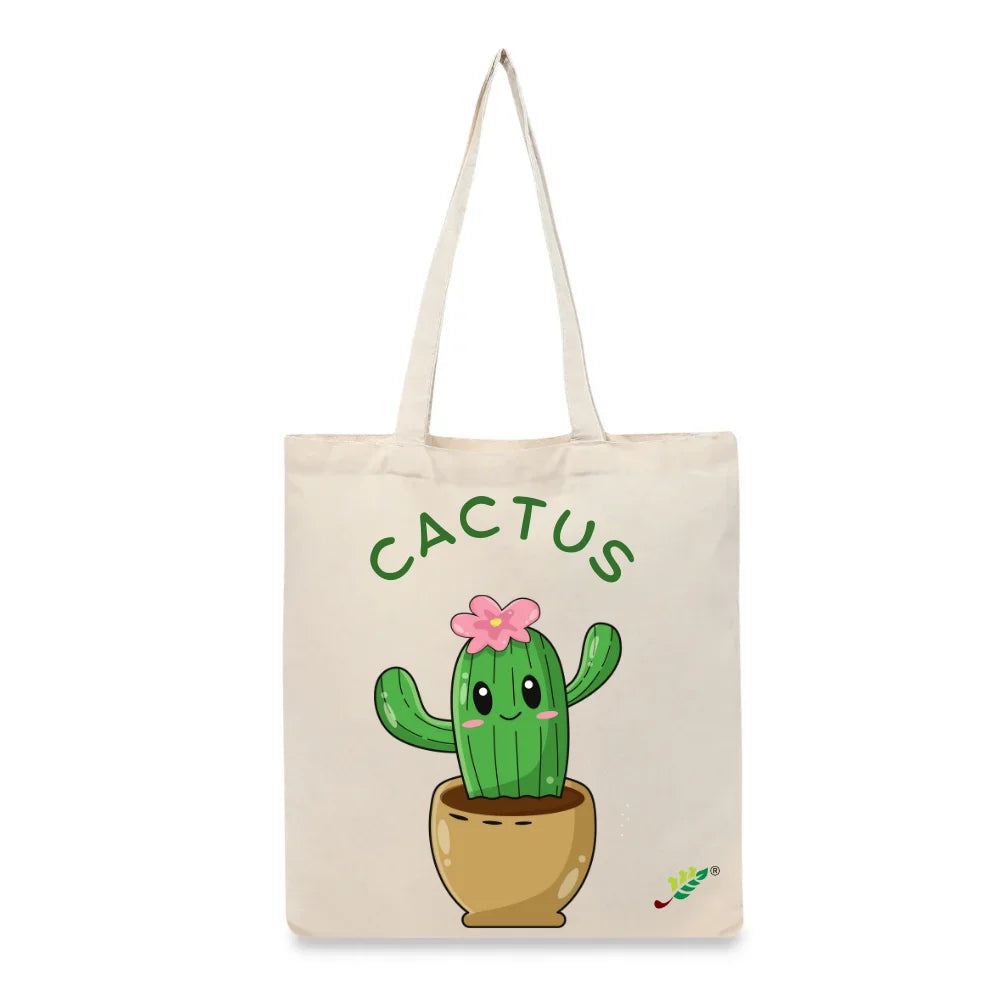 BYFT Adorable Succulent Tote Bag – Happy Cactus Floral Illustration Reusable Tote | Eco-Friendly Daily Carry Bag (Set of 1)