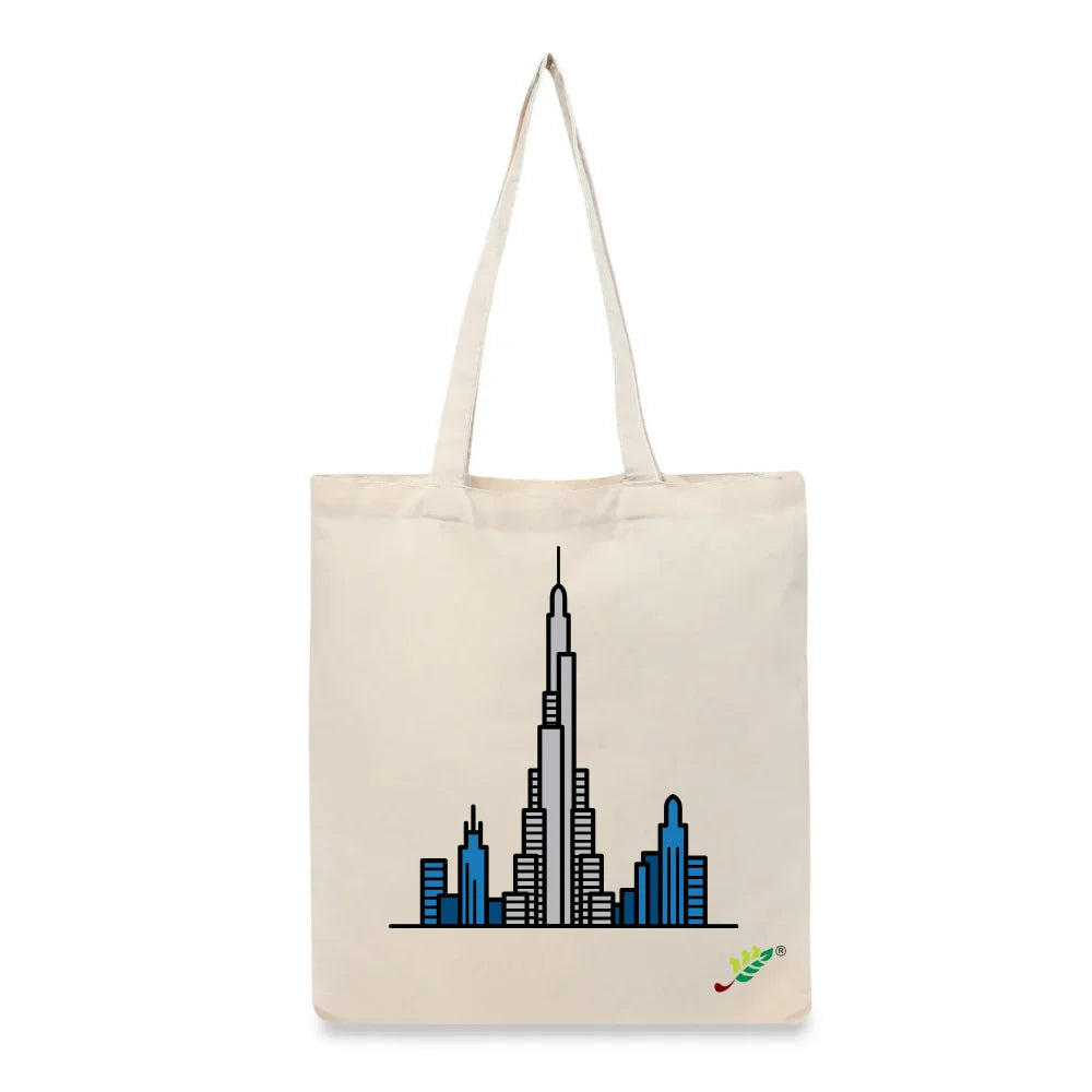 BYFT Modern Cityscape Tote Bag – Dubai Rise Skyline Printed Reusable Tote | Eco-Friendly Daily Carry Bag (Set of 1)