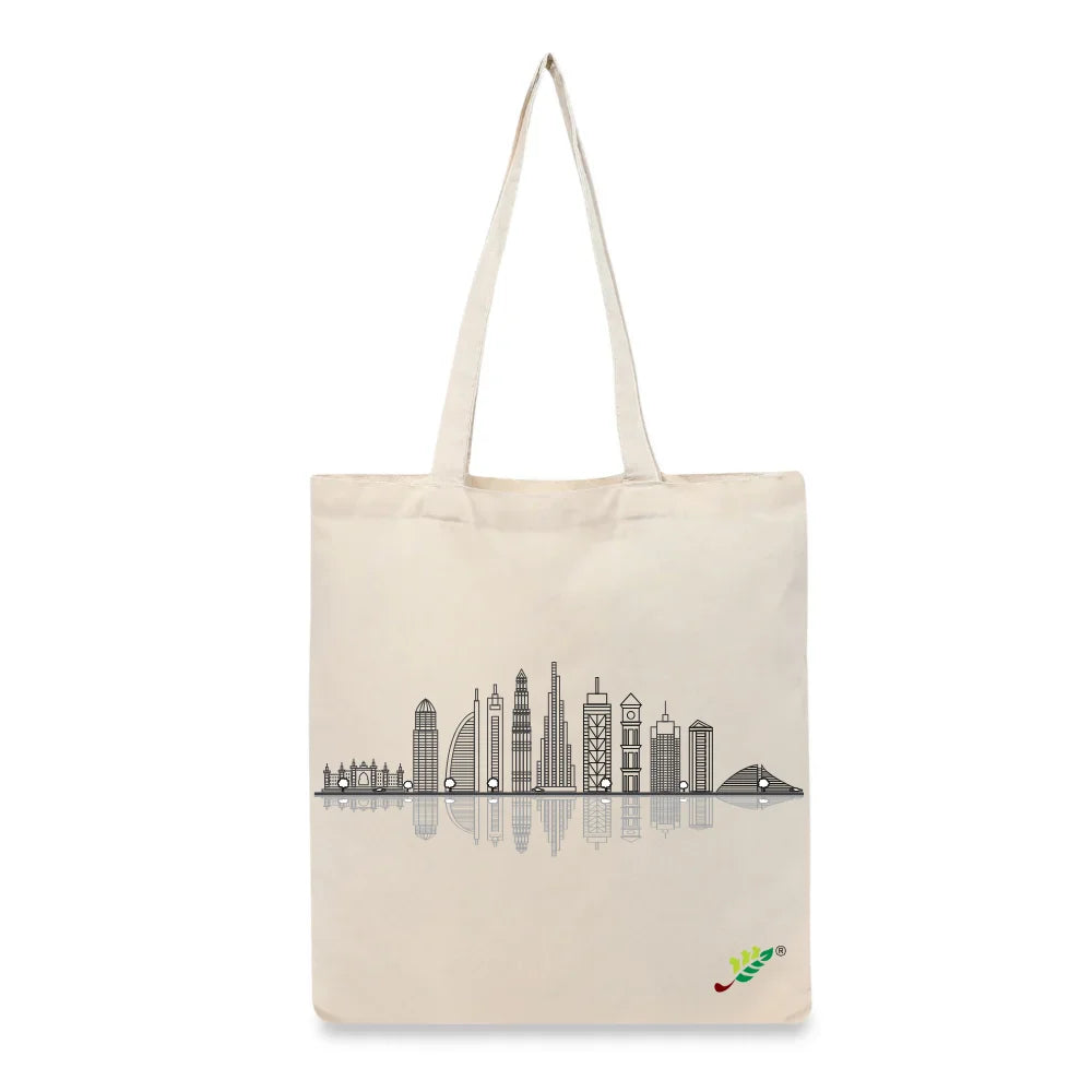 BYFT Modern Cityscape Tote Bag – Dubai Skyline Line Art Printed Reusable Tote | Eco-Friendly Daily Carry Bag (Set of 1)