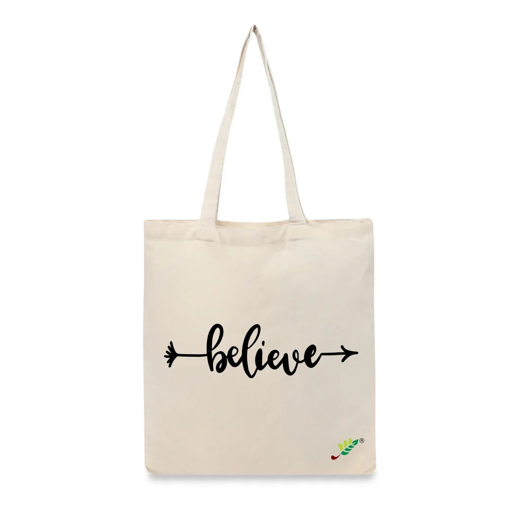 BYFT Minimalist Motivational Tote Bag Believe, Inspirational Printed Reusable Tote Everyday Eco-Friendly Carry Set of 1