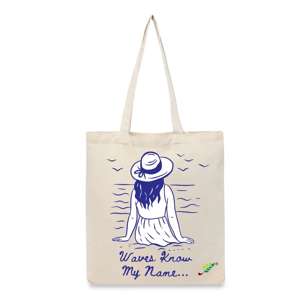 BYFT Nautical Women's Tote Bag – “Waves Know My Name” Blue Reusable Tote | Eco-Friendly Daily Carry Bag (Set of 1)