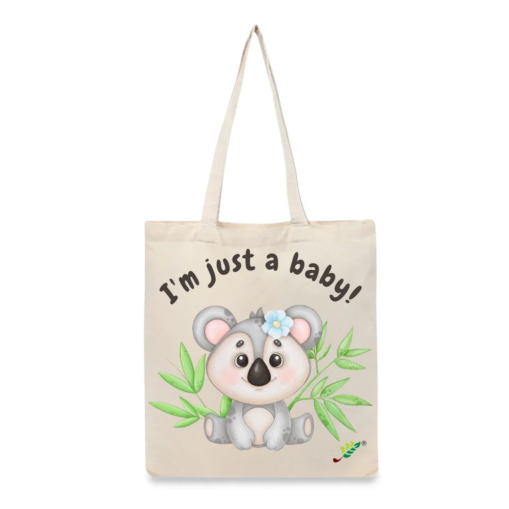 BYFT Sweet Baby Koala Tote Bag – “I’m just a baby!” Floral Koala Printed Reusable Tote | Eco-Friendly Daily Carry Bag (Set of 1)
