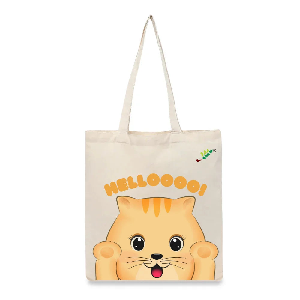BYFT Friendly Cat Tote Bag – “HELLOOOO!” Ginger Kitten Printed Reusable Tote | Eco-Friendly Daily Carry Bag (Set of 1)
