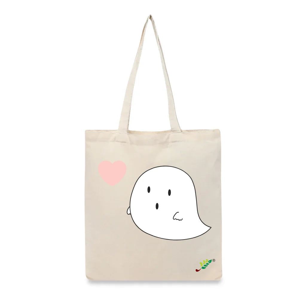 BYFT Cute Illustration Tote Bag – “Boo” Minimal Ghost Printed Tote | Reusable Everyday Carry (Set of 1)