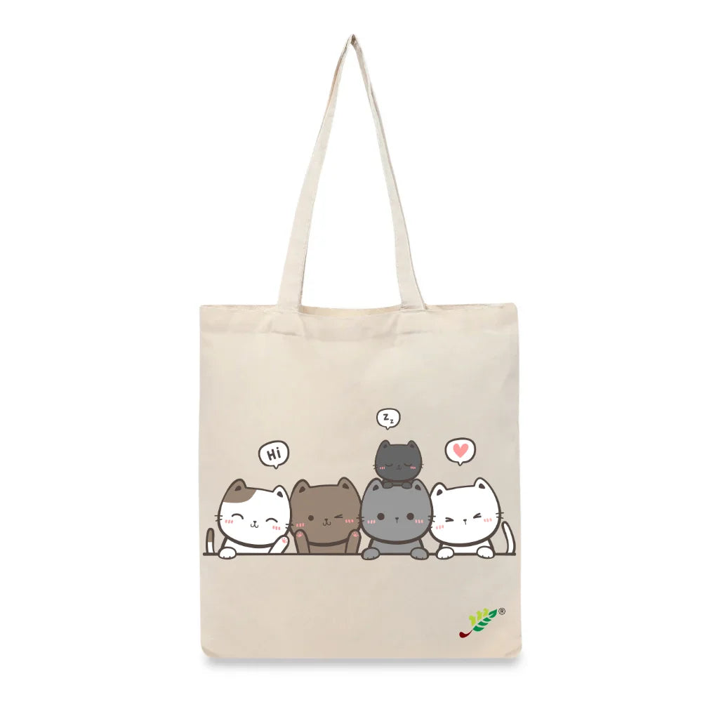 BYFT Adorable Feline Friends Tote Bag – Cute Kitty Printed Reusable Tote | Eco-Friendly Daily Carry Bag (Set of 1)