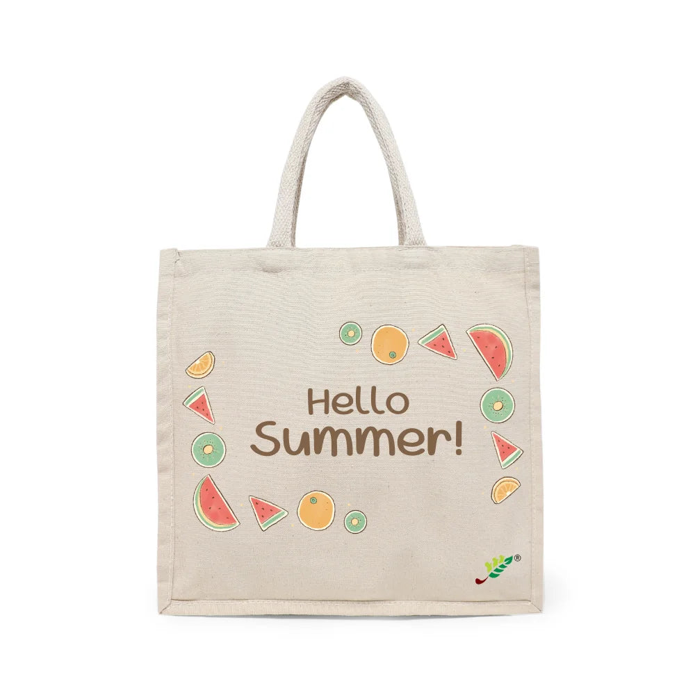 BYFT Summer Fruit Tote Bag – “Hello Summer!” Refreshing Watermelon & Kiwi Printed Reusable Tote | Eco-Friendly Daily Carry Bag (Set of 1)