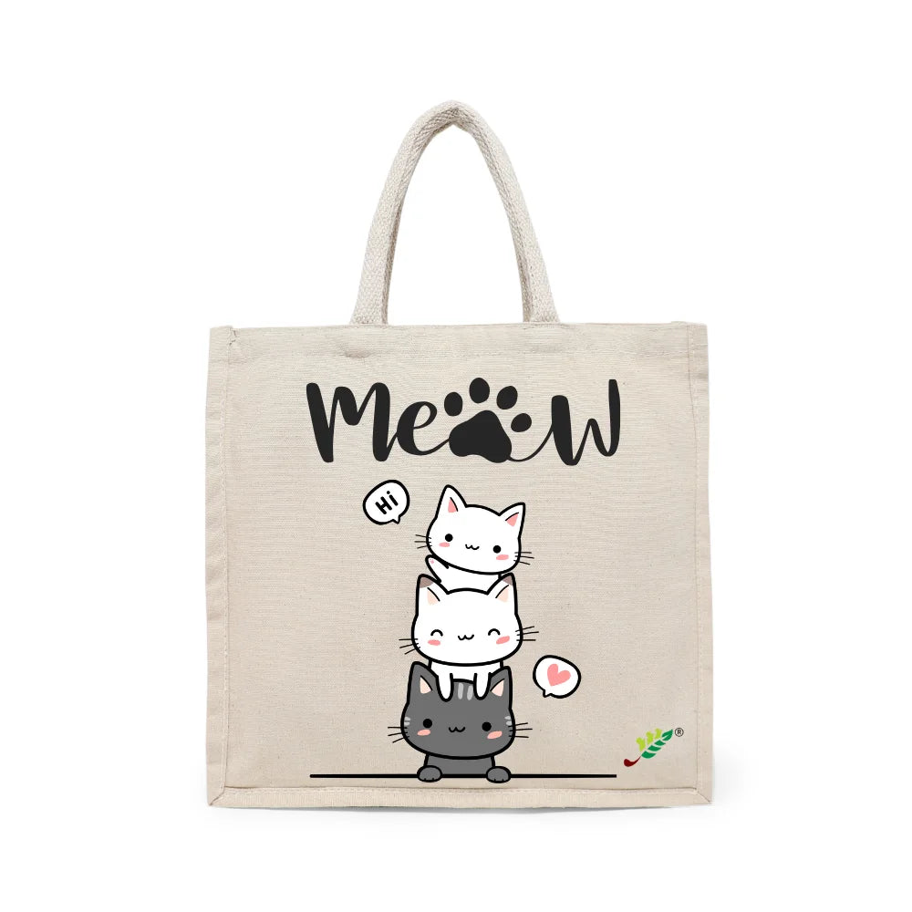 BYFT Cute Stacked Cats Tote Bag – “Hi Meow” Kitten Reusable Tote | Eco-Friendly Daily Carry Bag (Set of 1)