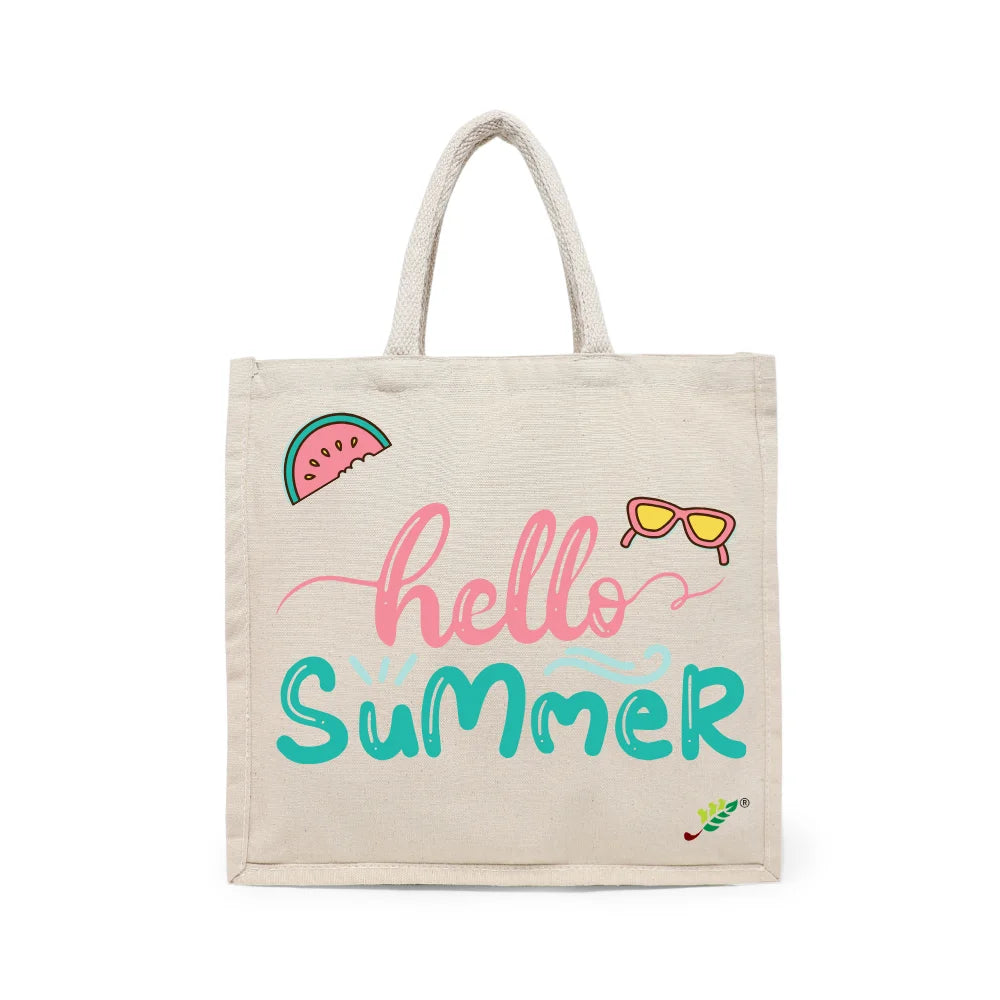 BYFT Tropical Beach Tote Bag – “Hello Summer” Script with Watermelon & Sunglasses Reusable Tote | Eco-Friendly Daily Carry Bag (Set of 1)