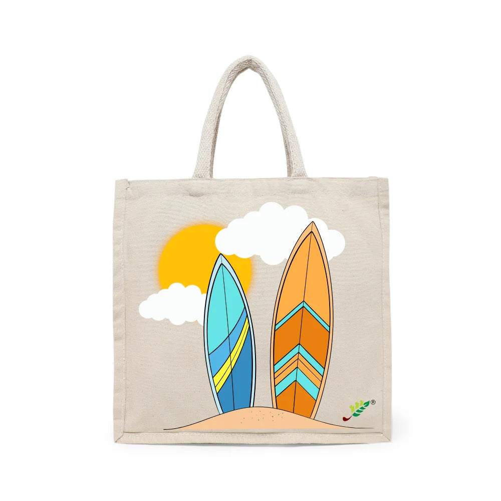 BYFT Tropical Surfboards Tote Bag – Retro Beach Vibes Printed Reusable Tote | Eco-Friendly Daily Carry Bag (Set of 1)