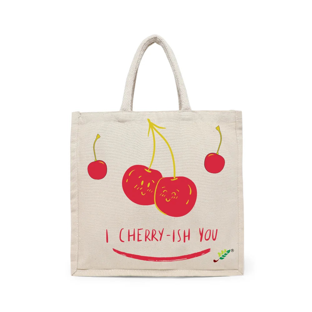 BYFT Whimsical Fruit Tote Bag – “I Cherry-ish You” Artistic Printed Reusable Tote | Eco-Friendly Daily Carry Bag (Set of 1)
