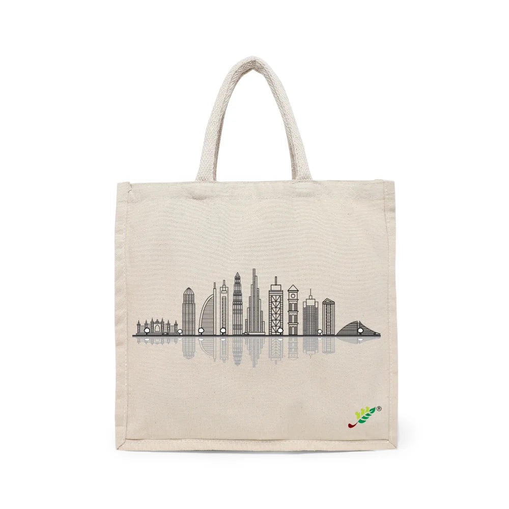 BYFT Modern Cityscape Tote Bag – Dubai Skyline Line Art Printed Reusable Tote | Eco-Friendly Daily Carry Bag (Set of 1)