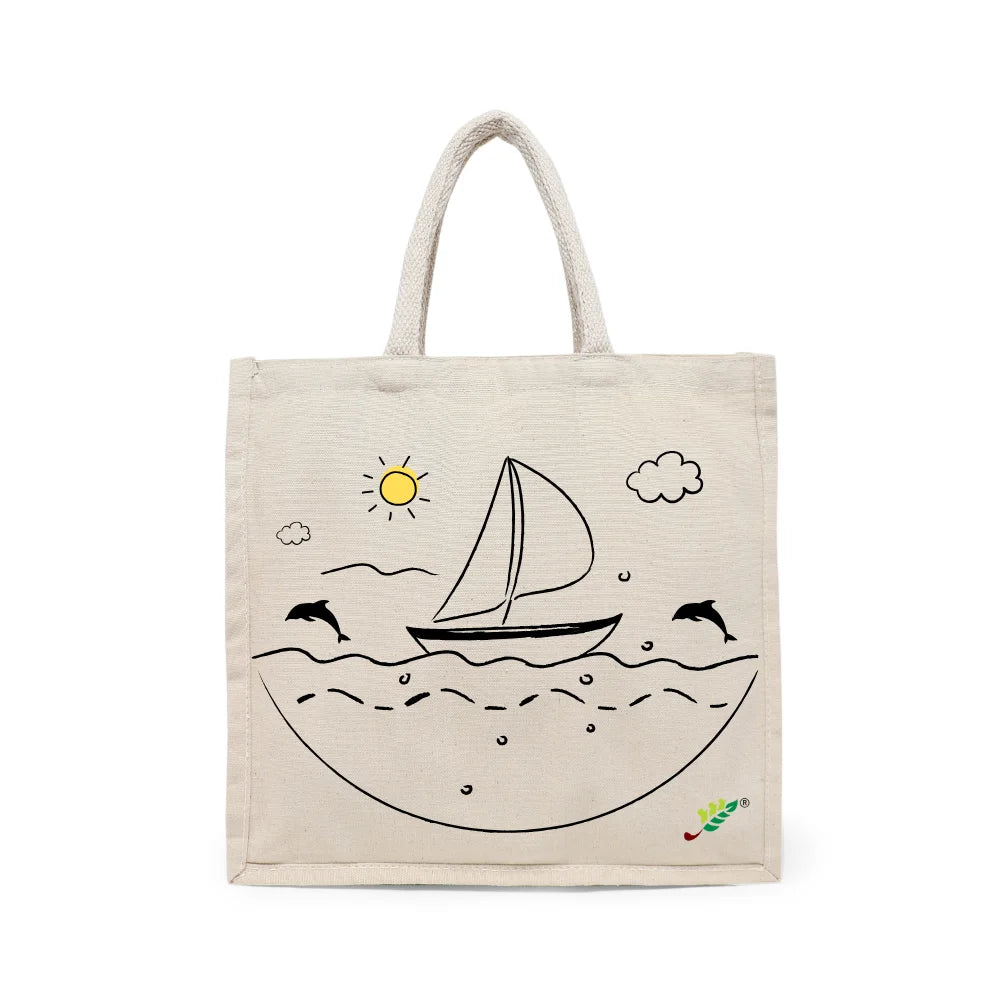 BYFT Nautical Adventure Tote Bag – “Ocean Dreams” Sailboat & Dolphin Printed Reusable Tote | Eco-Friendly Daily Carry Bag (Set of 1)