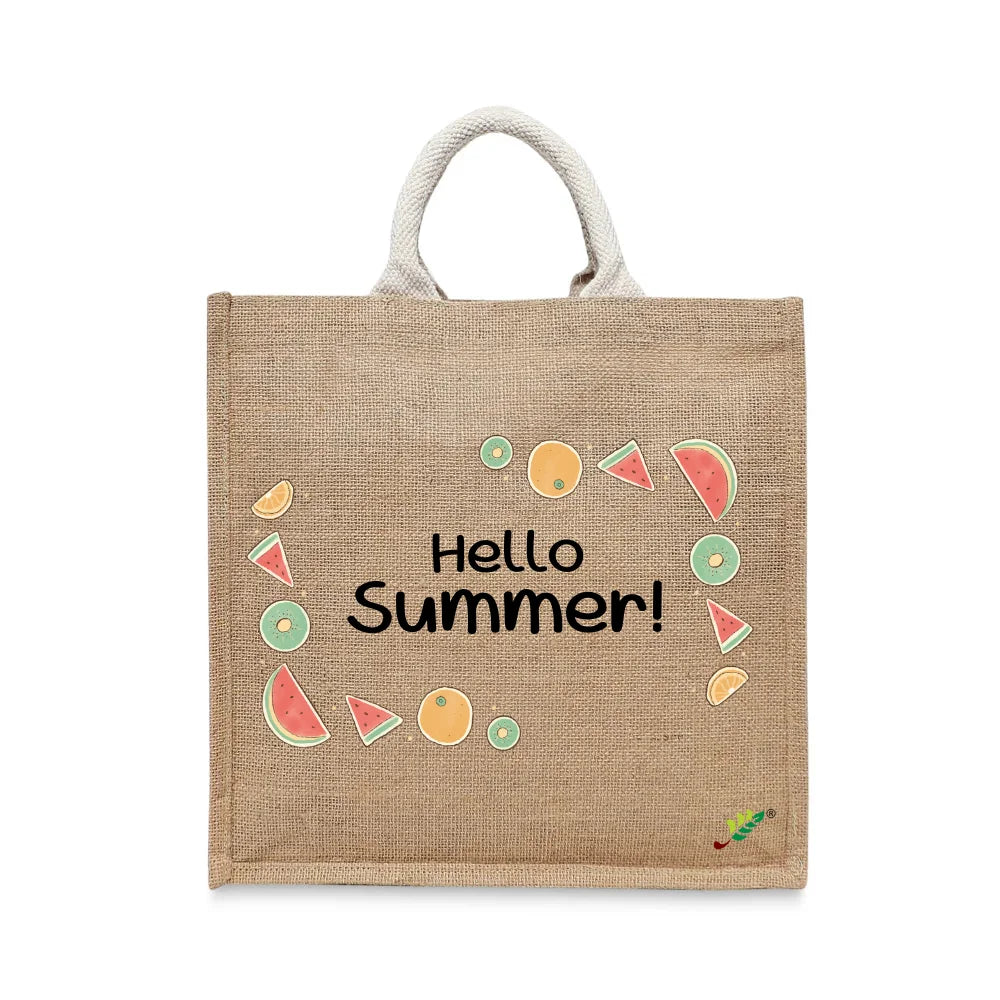 BYFT Summer Fruit Tote Bag – “Hello Summer!” Refreshing Watermelon & Kiwi Printed Reusable Tote | Eco-Friendly Daily Carry Bag (Set of 1)