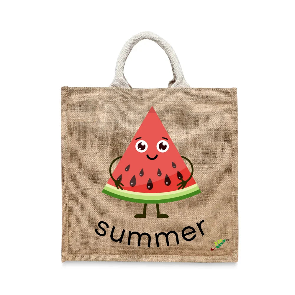 BYFT Happy Watermelon Slice Tote Bag – “Summer” Kawaii Fruit Character Reusable Tote | Eco-Friendly Daily Carry Bag (Set of 1)