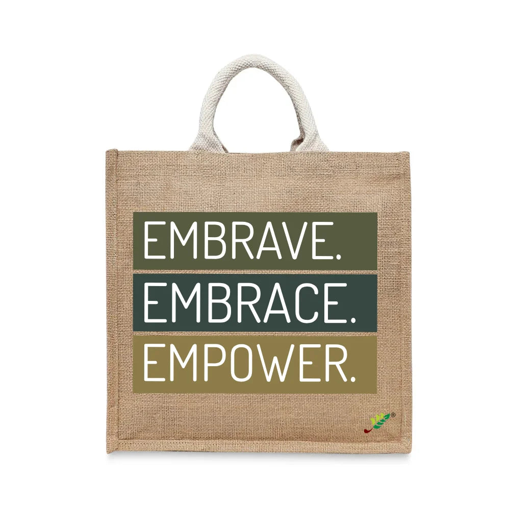 BYFT Inspirational Typography Tote Bag – “Embrave. Embrace. Empower.” Printed Reusable Tote | Eco-Friendly Daily Carry Bag (Set of 1)