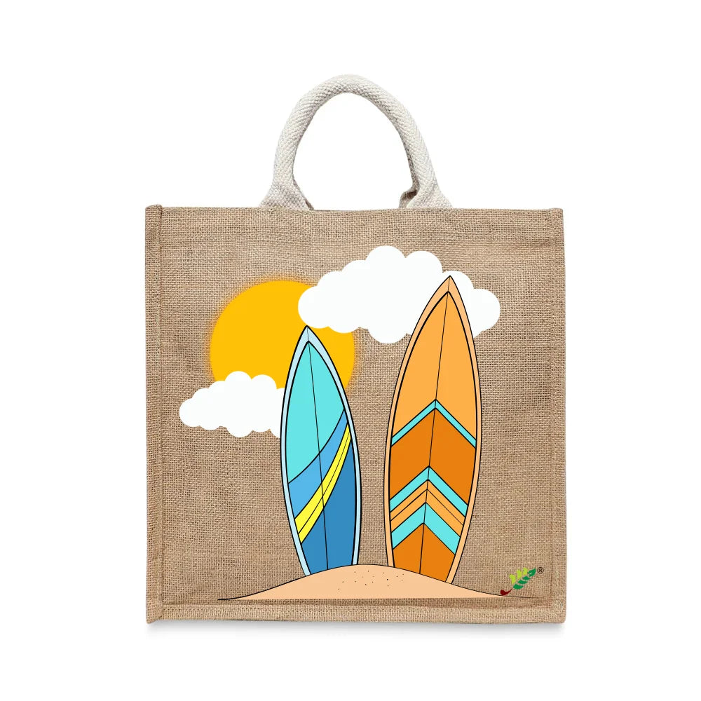 BYFT Tropical Surfboards Tote Bag – Retro Beach Vibes Printed Reusable Tote | Eco-Friendly Daily Carry Bag (Set of 1)