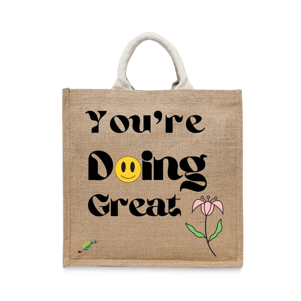BYFT Retro "You're Doing Great" Tote Bag – Groovy Smiley Face & Floral Printed Reusable Tote | Eco-Friendly Daily Carry Bag (Set of 1)