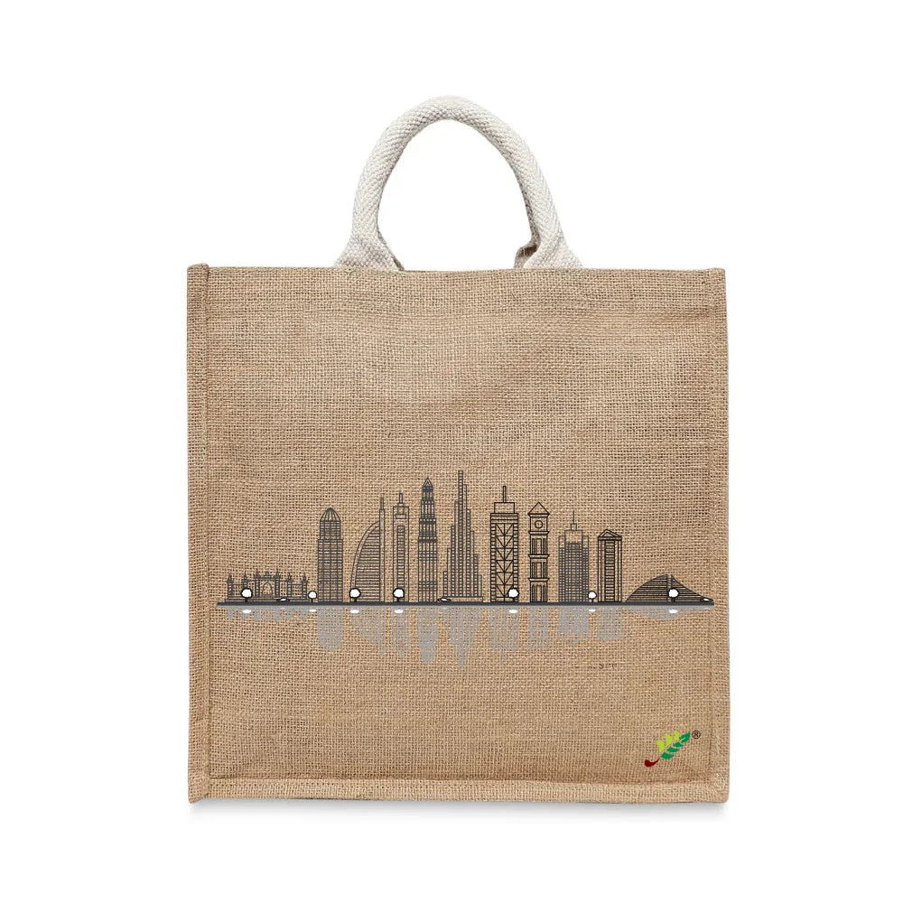 BYFT Modern Cityscape Tote Bag – Dubai Skyline Line Art Printed Reusable Tote | Eco-Friendly Daily Carry Bag (Set of 1)