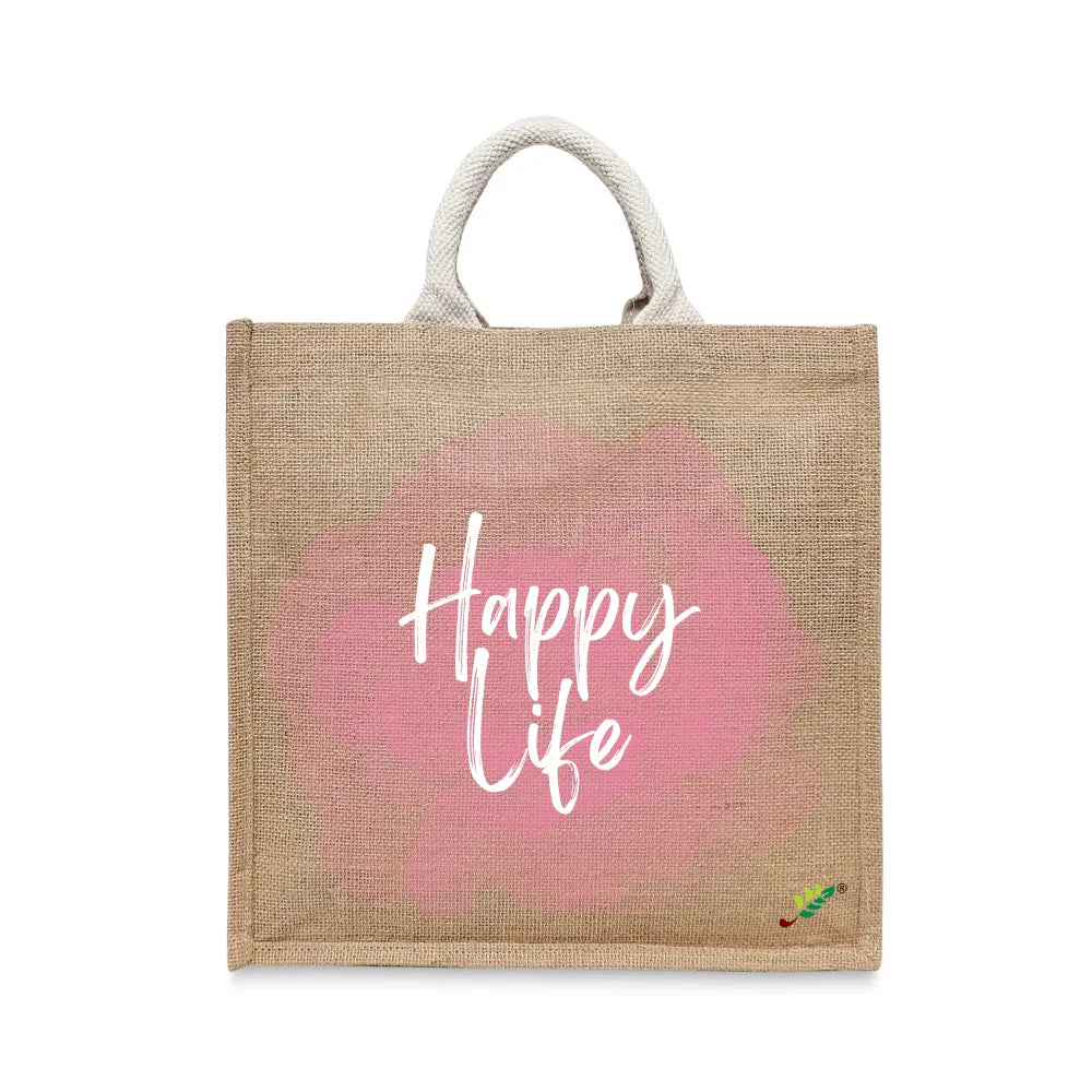 BYFT Aesthetic Lifestyle Tote Bag – “Happy Life” Printed Reusable Tote | Eco-Friendly Daily Carry Bag (Set of 1)