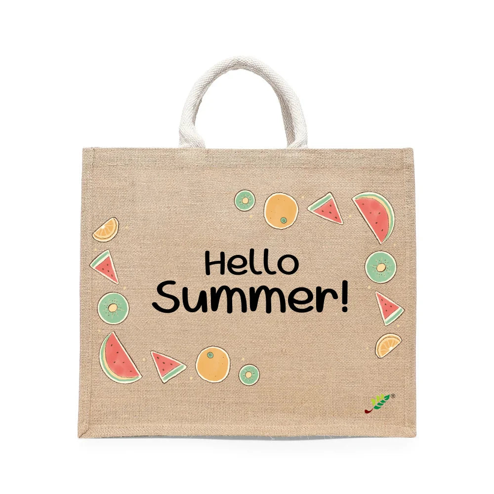 BYFT Summer Fruit Tote Bag – “Hello Summer!” Refreshing Watermelon & Kiwi Printed Reusable Tote | Eco-Friendly Daily Carry Bag (Set of 1)