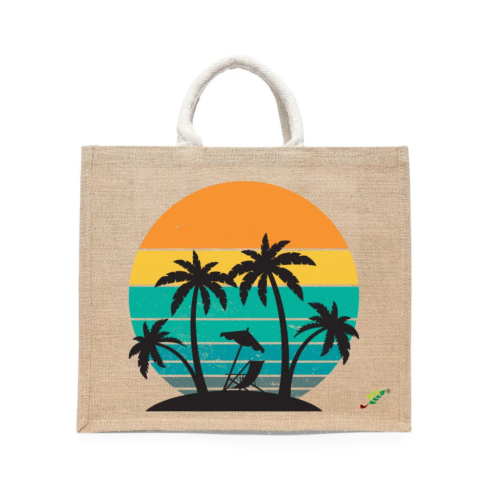 BYFT Retro Sunset & Palms Tote Bag – Vintage Tropical Beach Printed Reusable Tote | Eco-Friendly Daily Carry Bag (Set of 1)