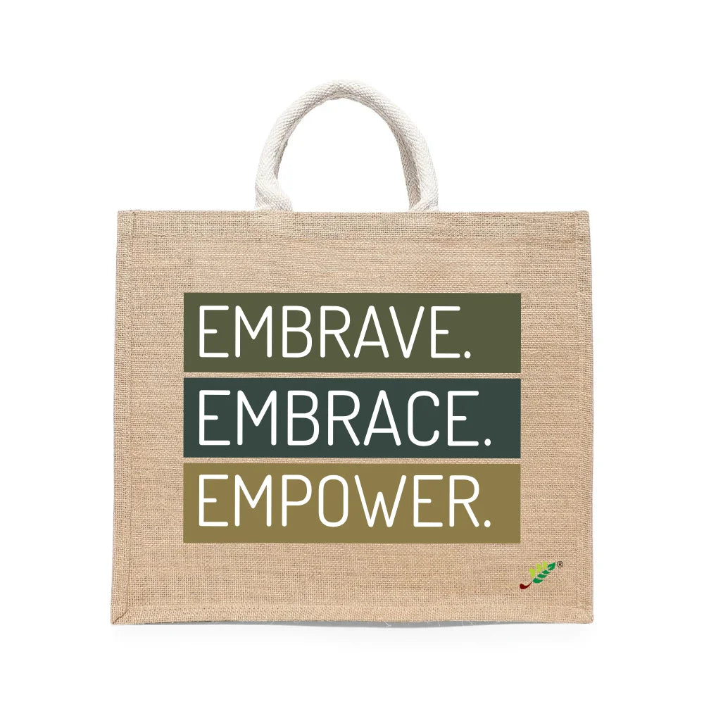 BYFT Inspirational Typography Tote Bag – “Embrave. Embrace. Empower.” Printed Reusable Tote | Eco-Friendly Daily Carry Bag (Set of 1)