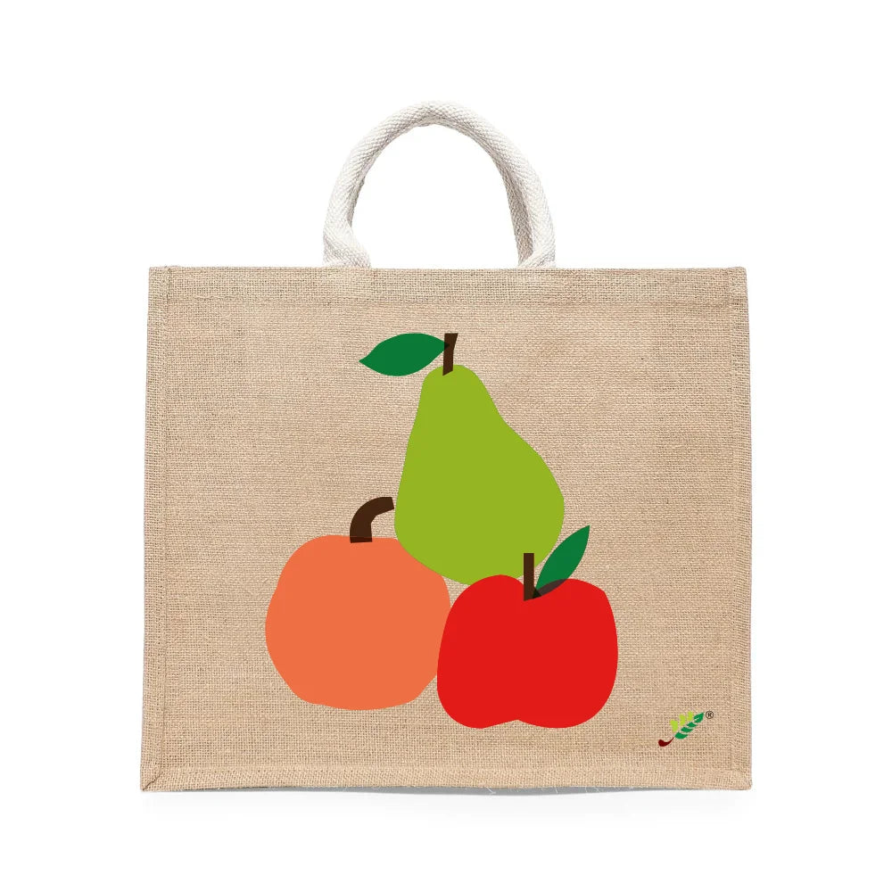 BYFT Vibrant Fruit Stack Tote Bag – Artistic Apple, Pear & Peach Printed Reusable Tote | Eco-Friendly Daily Carry Bag (Set of 1)