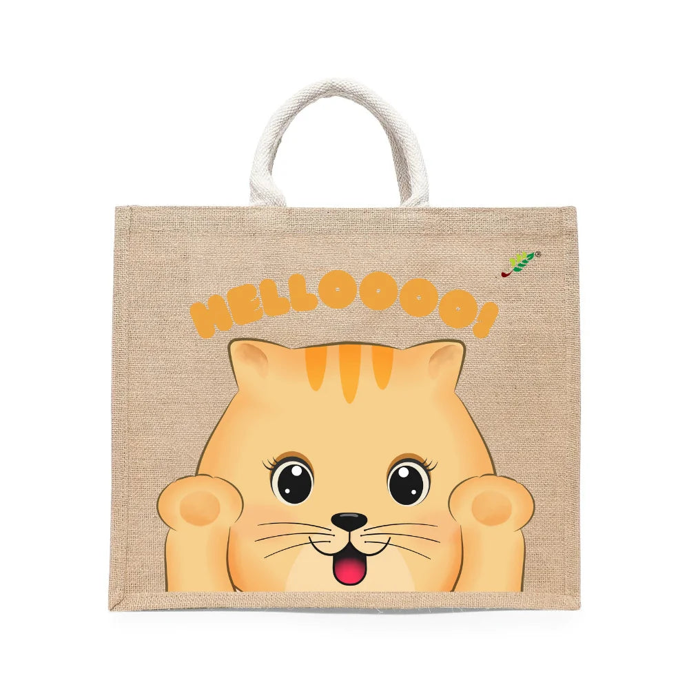 BYFT Friendly Cat Tote Bag – “HELLOOOO!” Ginger Kitten Printed Reusable Tote | Eco-Friendly Daily Carry Bag (Set of 1)