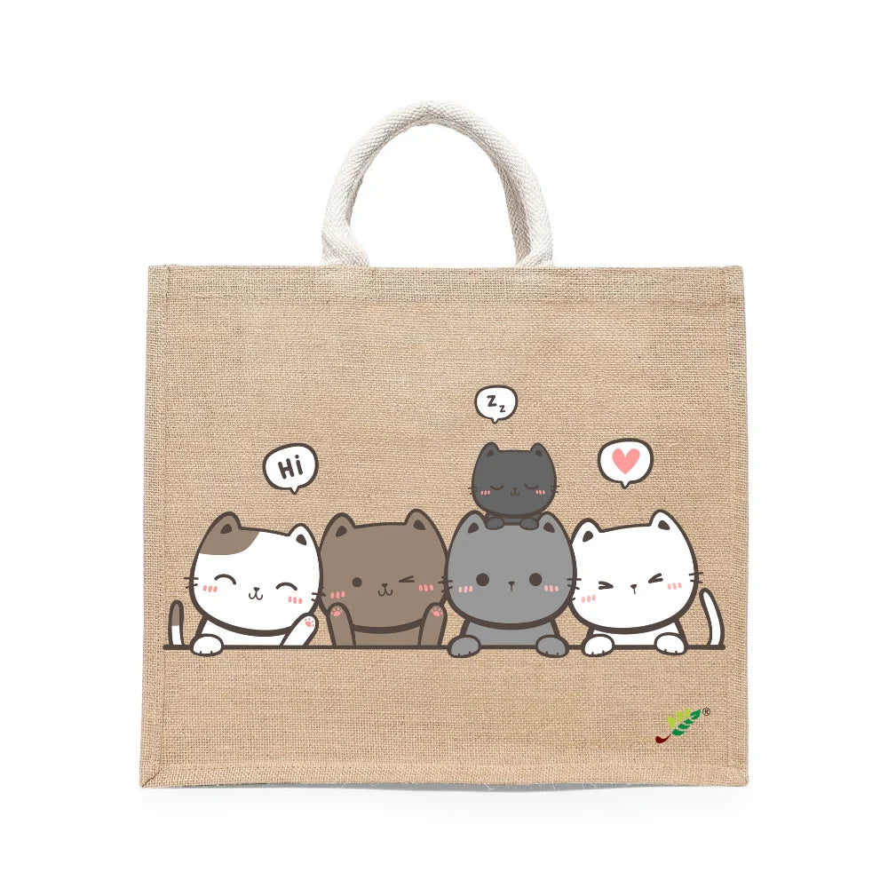BYFT Adorable Feline Friends Tote Bag – Cute Kitty Printed Reusable Tote | Eco-Friendly Daily Carry Bag (Set of 1)