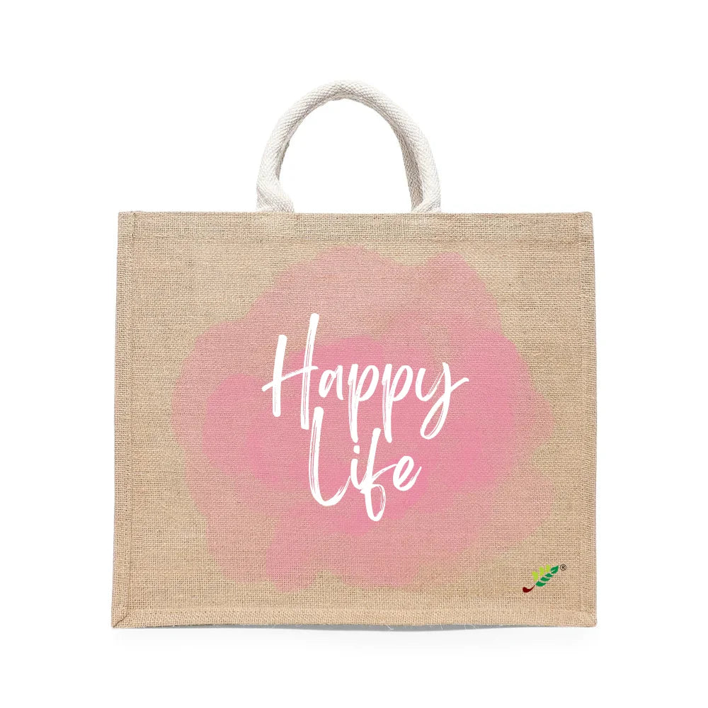BYFT Aesthetic Lifestyle Tote Bag – “Happy Life” Printed Reusable Tote | Eco-Friendly Daily Carry Bag (Set of 1)