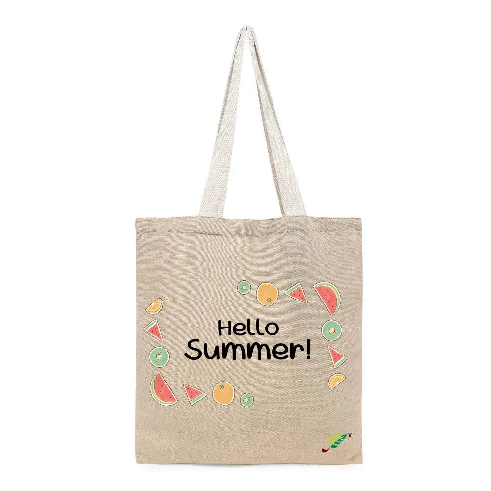BYFT Summer Fruit Tote Bag – “Hello Summer!” Refreshing Watermelon & Kiwi Printed Reusable Tote | Eco-Friendly Daily Carry Bag (Set of 1)