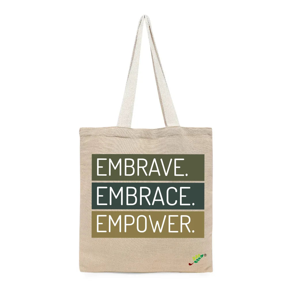 BYFT Inspirational Typography Tote Bag – “Embrave. Embrace. Empower.” Printed Reusable Tote | Eco-Friendly Daily Carry Bag (Set of 1)